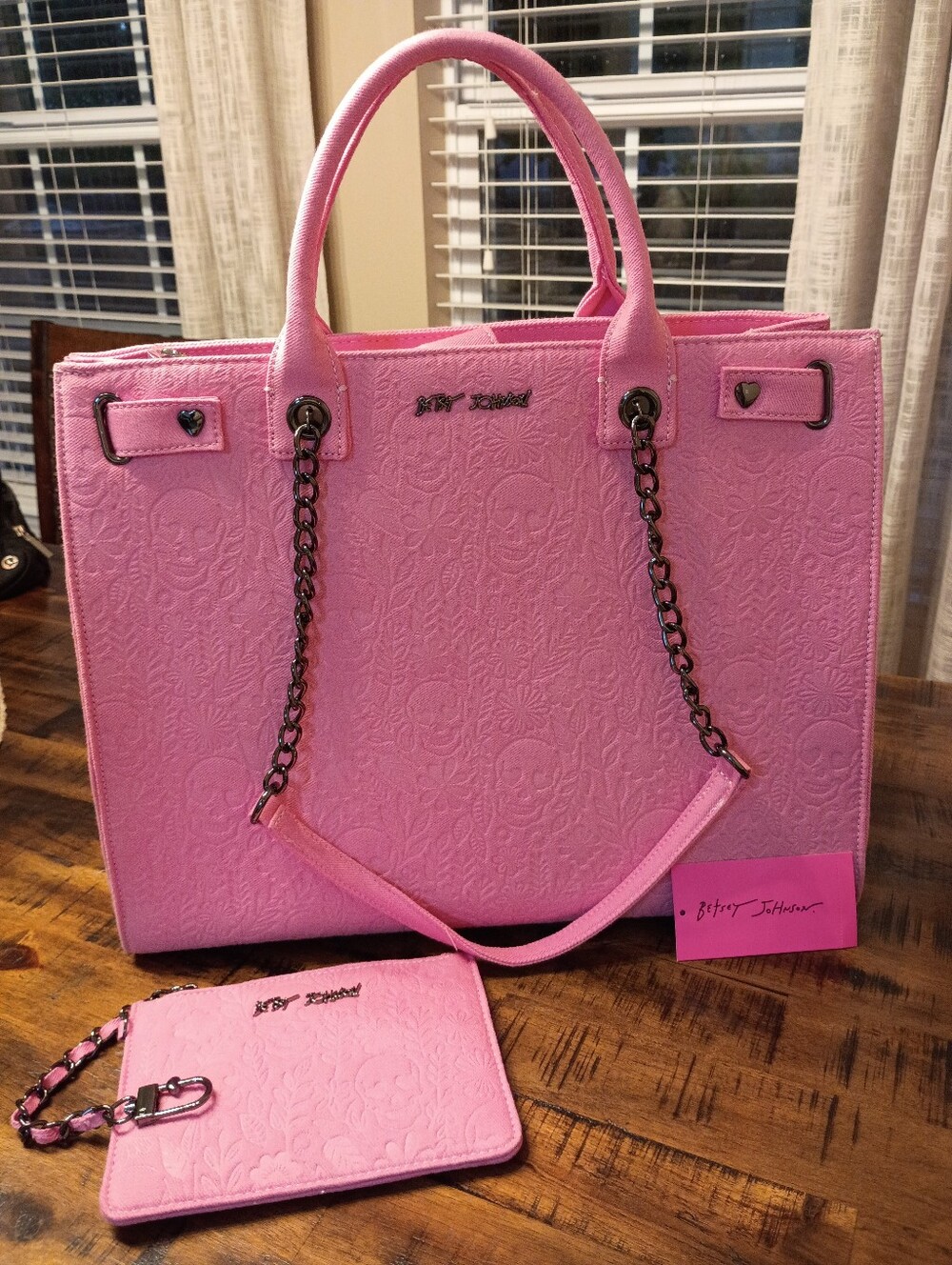 Betsey Johnson Pink Skull/Floral  Embossed Tote with Chain-Accent Straps